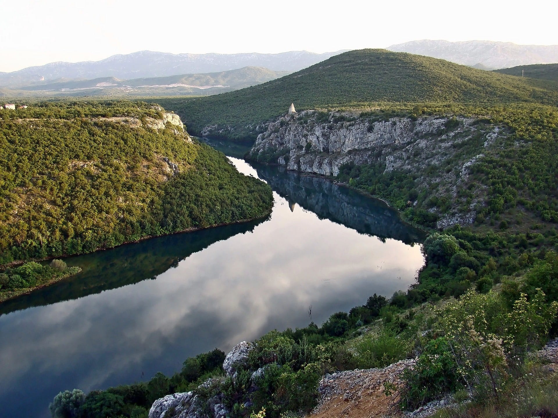 Arial view of the flow and the canyon of Cetina river with surrounding area.