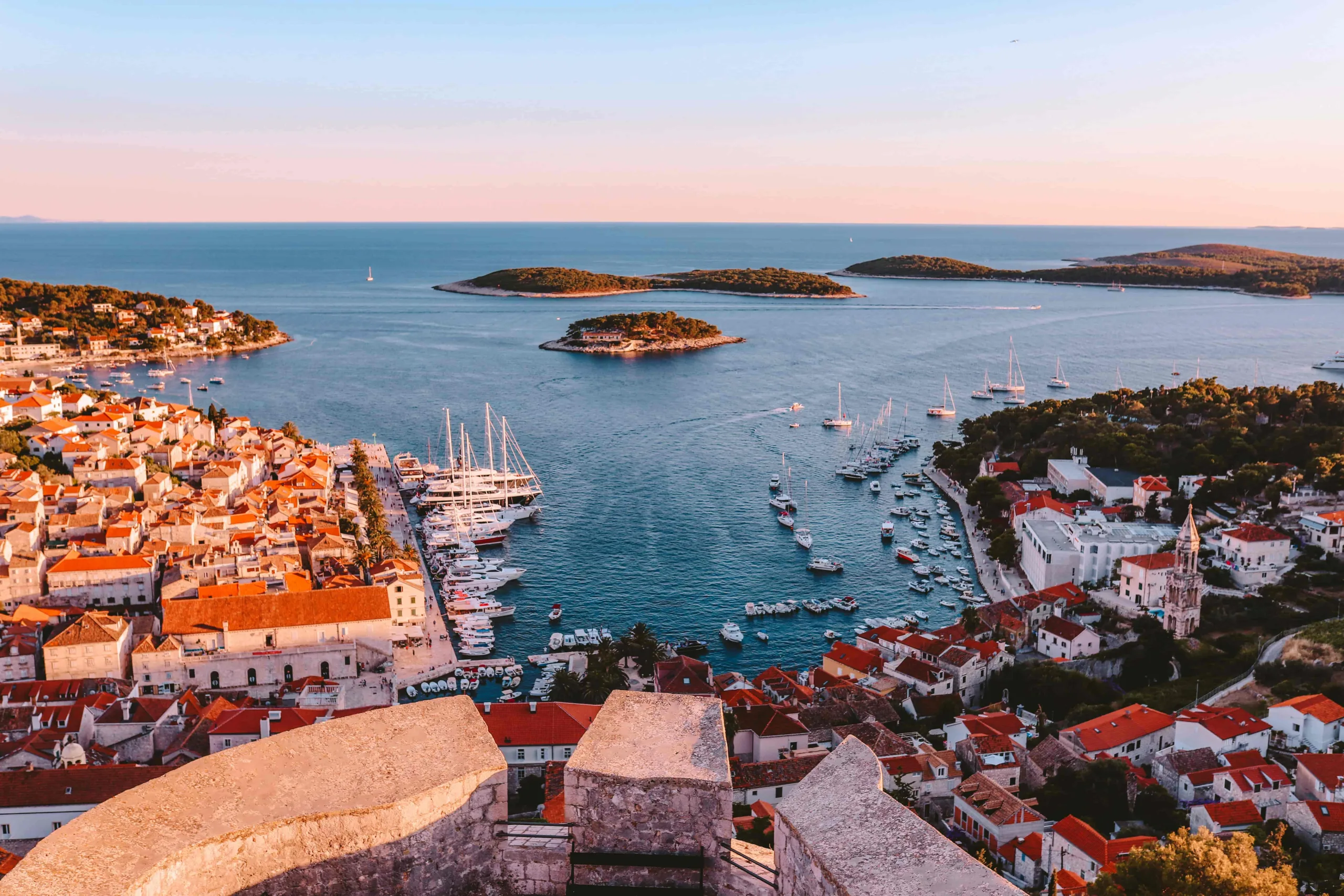 View over Hvar town bay and Pakleni islands from Fortica fortress at the top of town.